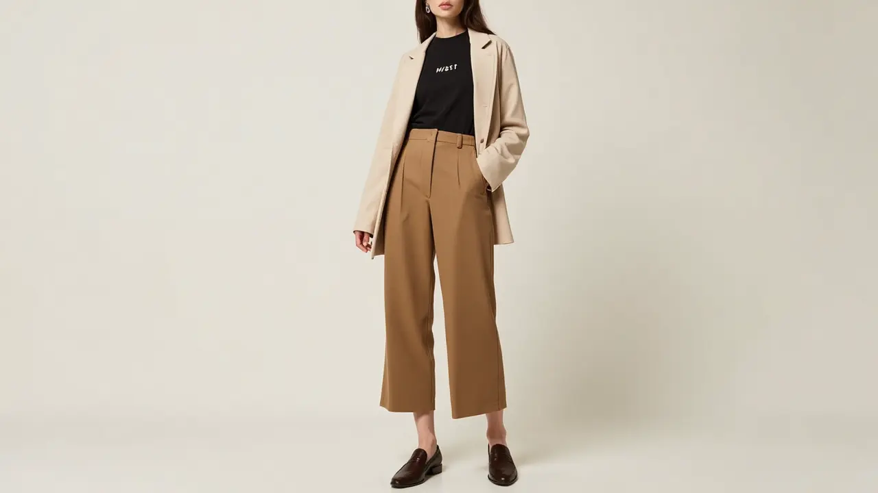 Woman in a black t-shirt layered under an open beige overshirt, wearing high-waisted wide-leg pants and loafers.