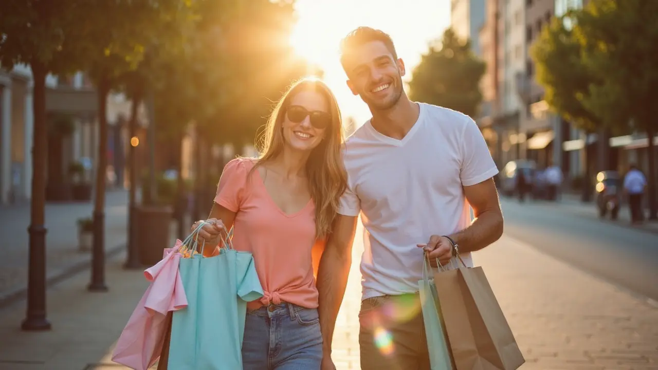 Woman and man holding shopping bags with stylish 2026 t-shirts, smiling in city street