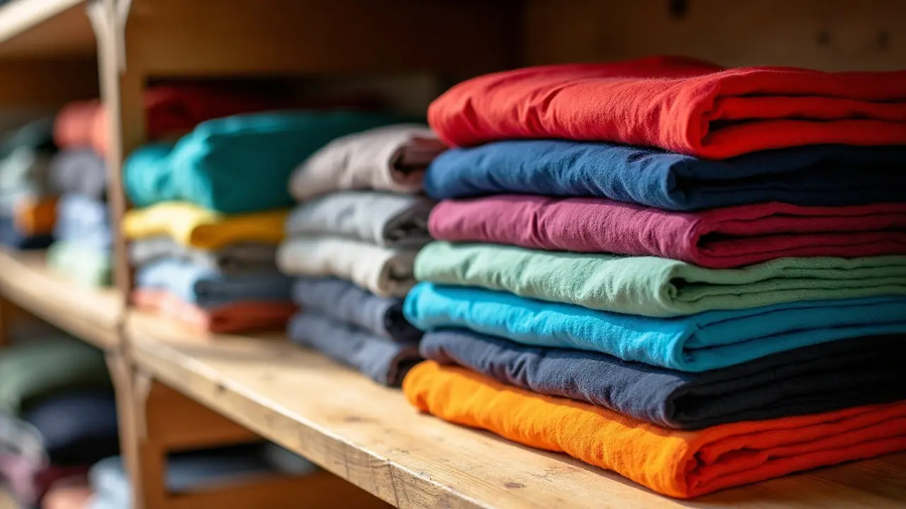 Stack of colorful cotton t-shirts on a wooden shelf with sunlight streaming in