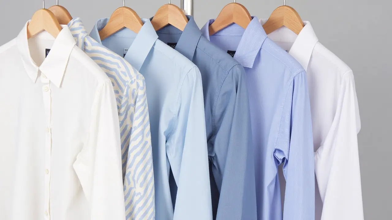 Close-up of different long sleeve shirt fabrics including oxford, twill, and poplin on a wooden hanger