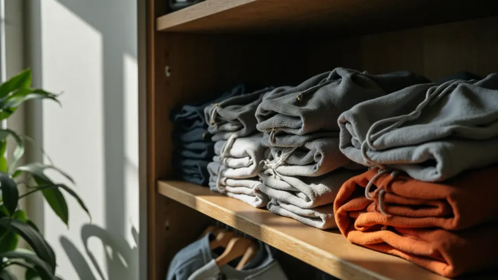 Pile of clean hoodies neatly folded on a wooden shelf