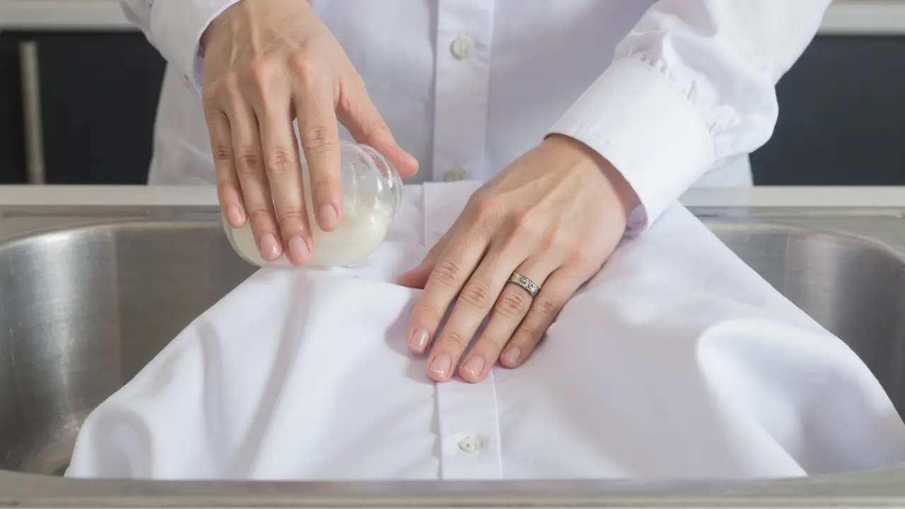 Hands gently washing a white long sleeve cotton shirt in a sink with mild detergent