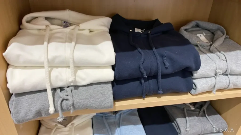 A neatly folded pile of cozy sweatshirts in neutral tones on a wooden shelf