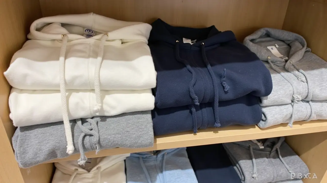 A neatly folded pile of cozy sweatshirts in neutral tones on a wooden shelf
