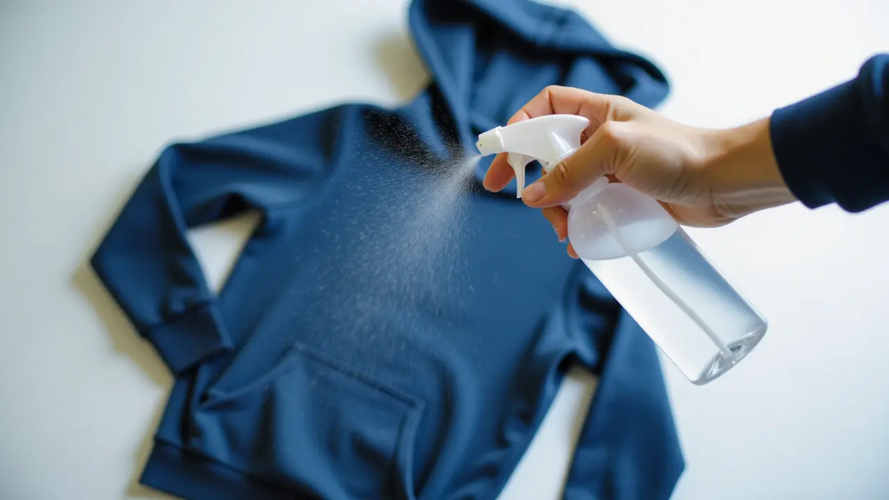 Hand spraying a light mist onto a navy blue hoodie laid flat