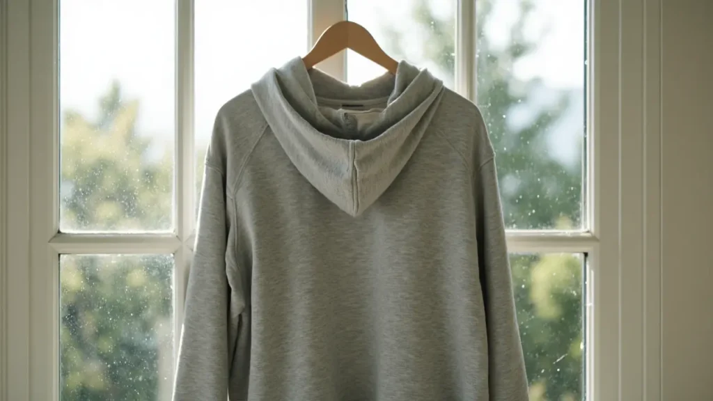 Worn gray hoodie hanging on a wooden hanger in natural light