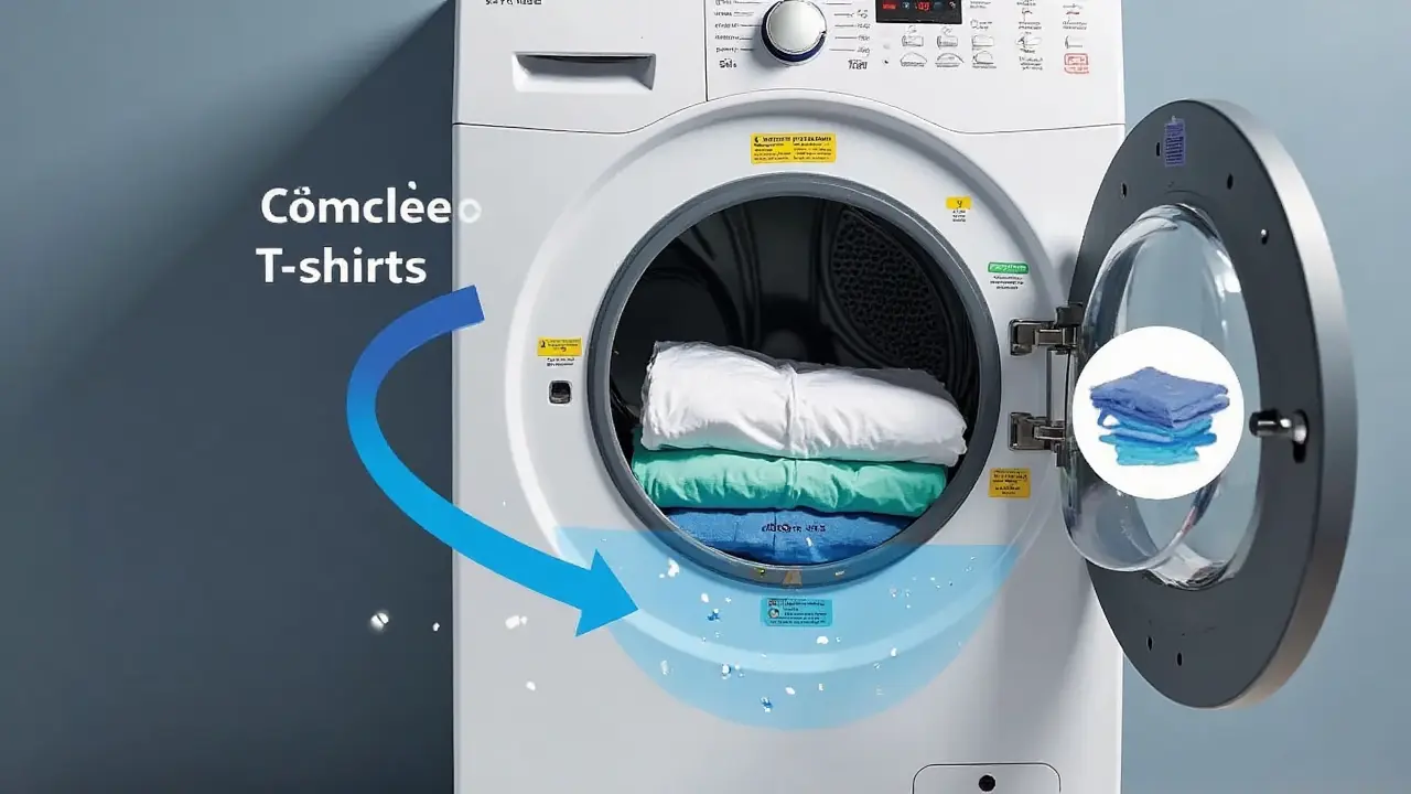 Washing machine with cold water setting selected and t-shirts inside