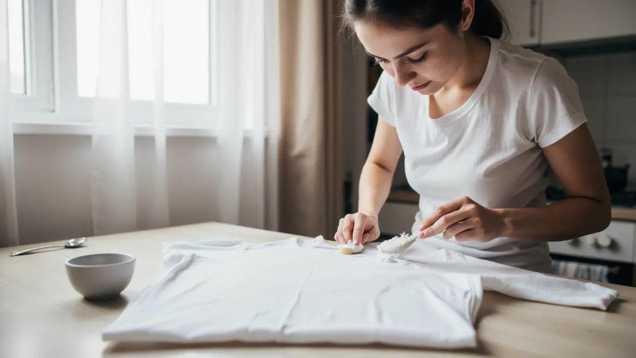 Hand applying a white paste to underarm area of a white t-shirt to remove sweat stains