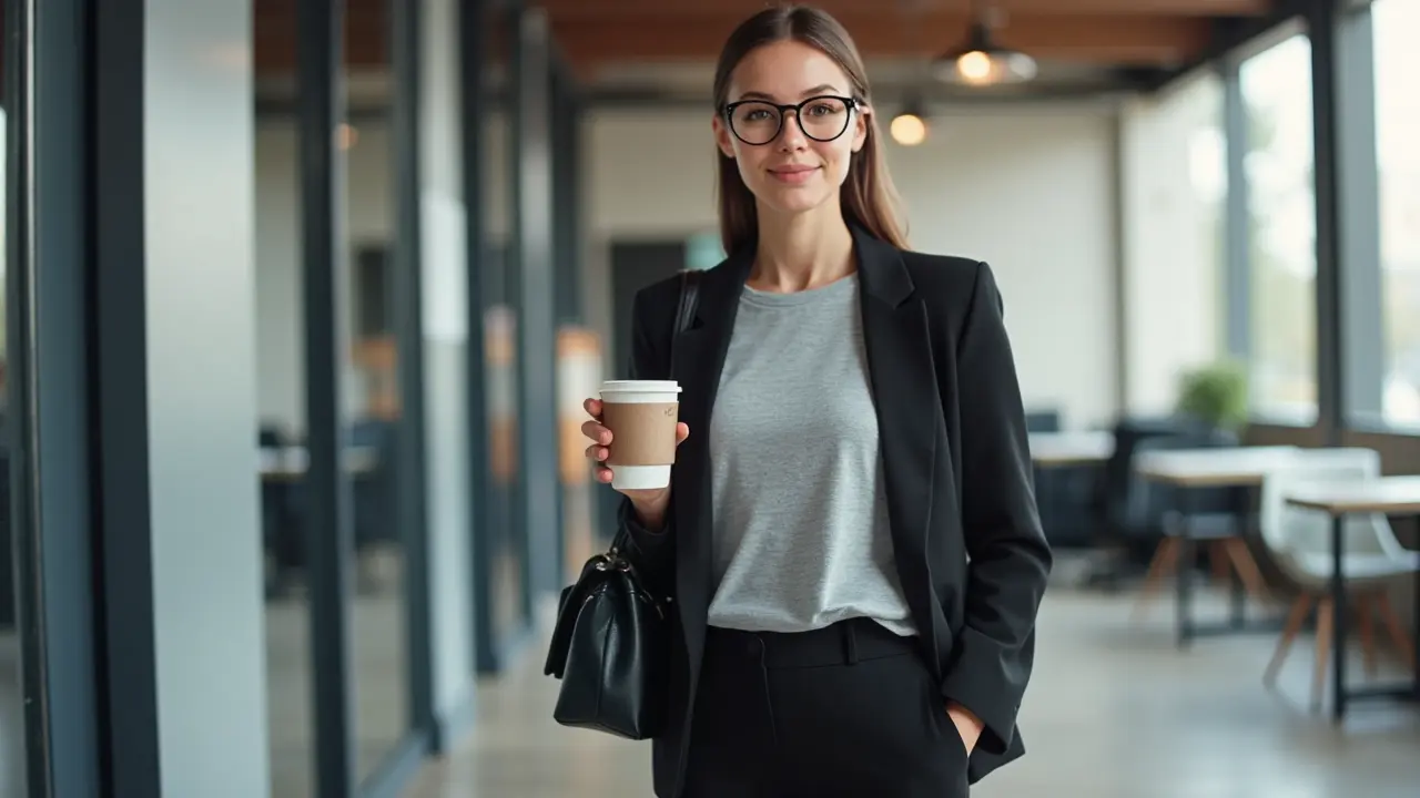 Professional woman in a tucked-in gray t-shirt, black blazer, and tailored trousers, holding a coffee cup in an urban office setting.