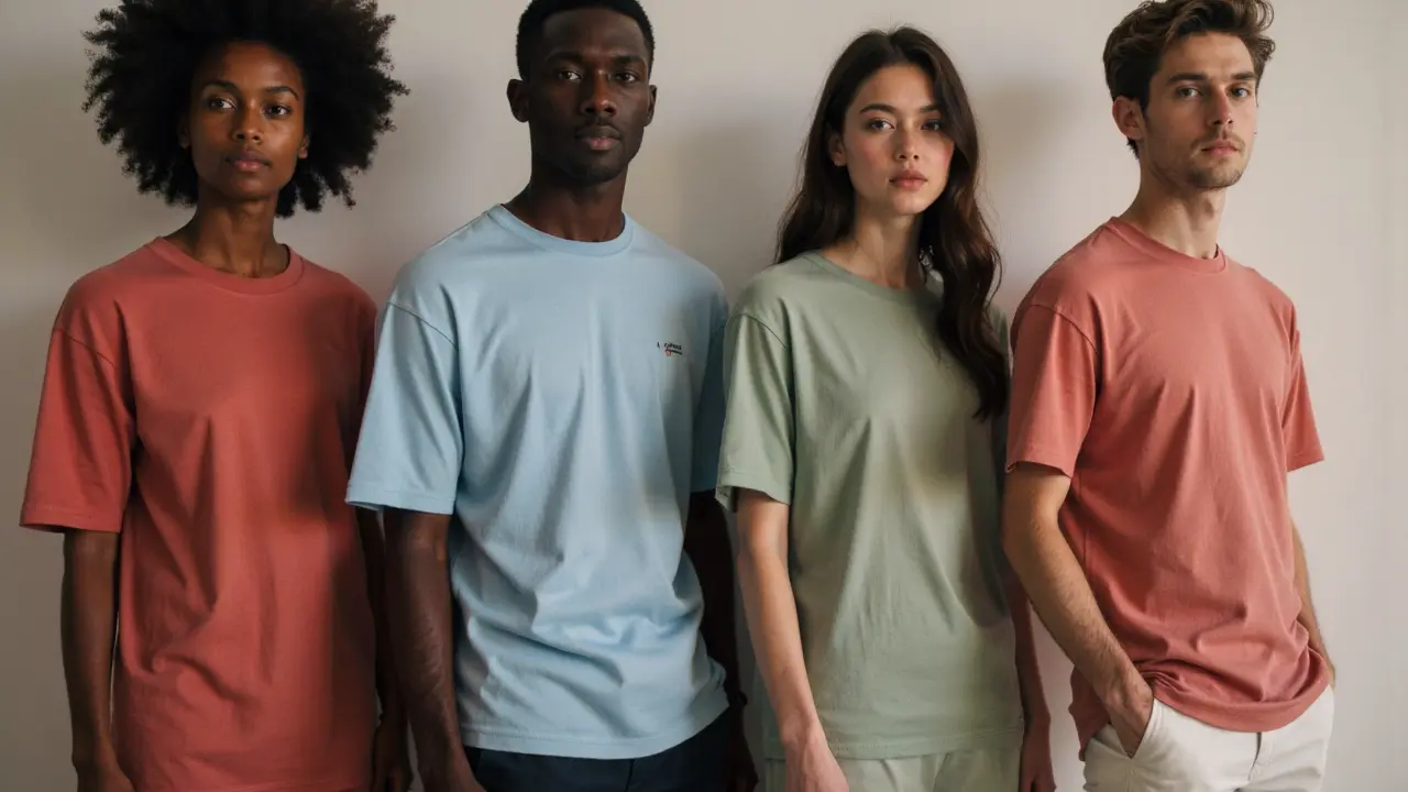 Models wearing t-shirts in 2026 trending colors: lava red, water blue, sage green, and tea rose