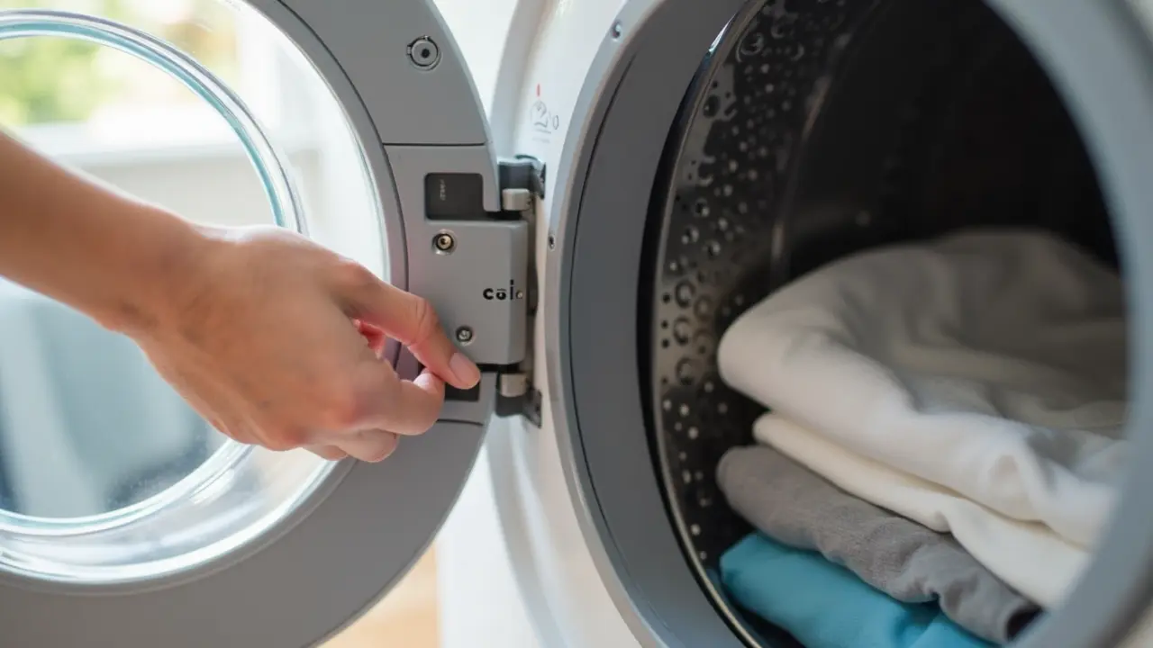 Hand turning a washing machine dial to the cold setting with clean t-shirts visible inside