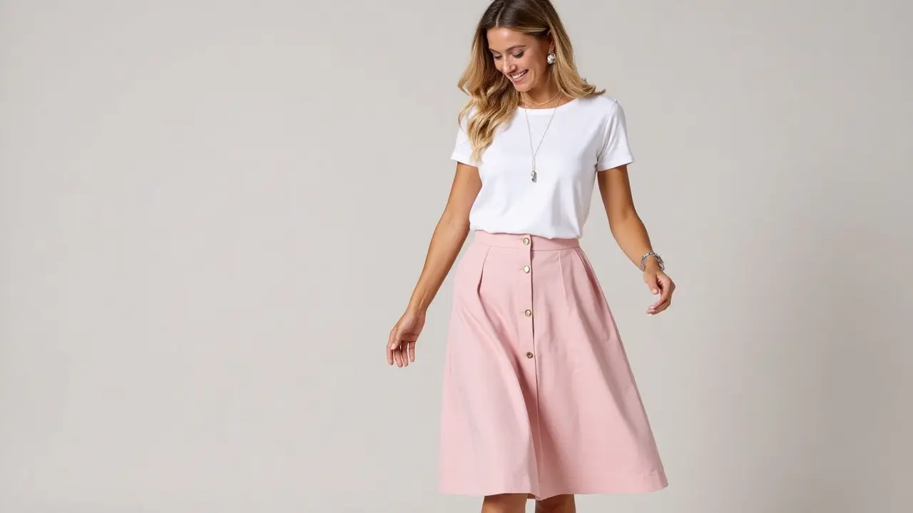 Young woman in a white t-shirt tucked into a pastel pink A-line skirt, wearing Mary Janes and a dainty necklace, smiling in soft evening light.