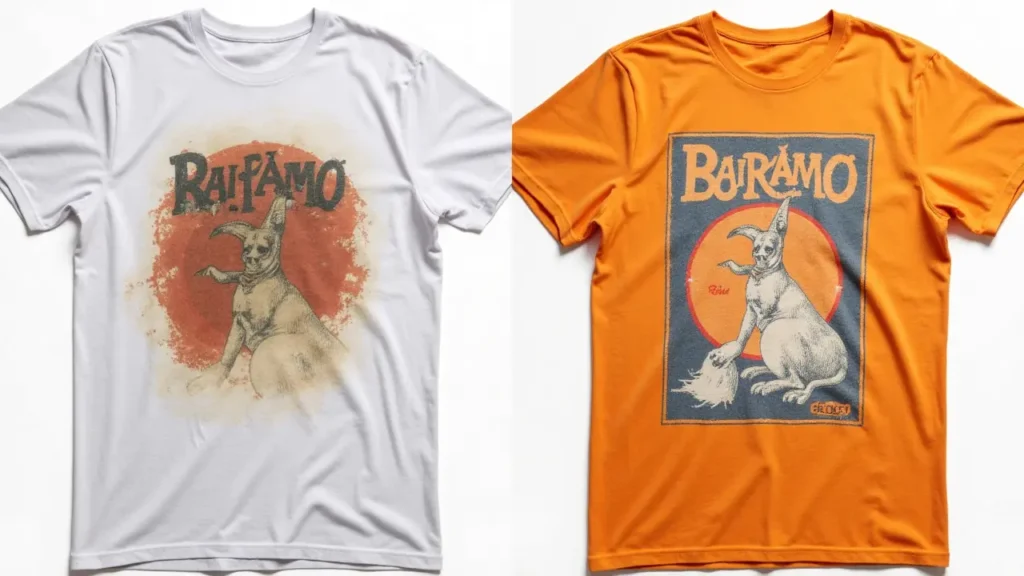 Close-up of a faded graphic tee next to a vibrant one for comparison