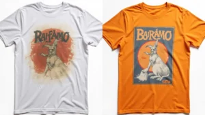 Close-up of a faded graphic tee next to a vibrant one for comparison