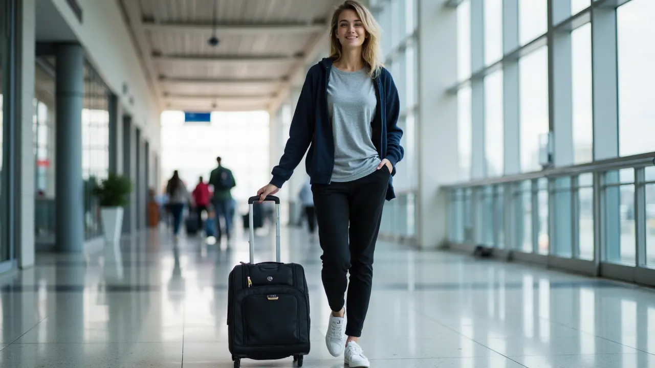 Traveler in a gray t-shirt layered under a navy hoodie, wearing black joggers and white slip-on sneakers, rolling a suitcase through an airport terminal.