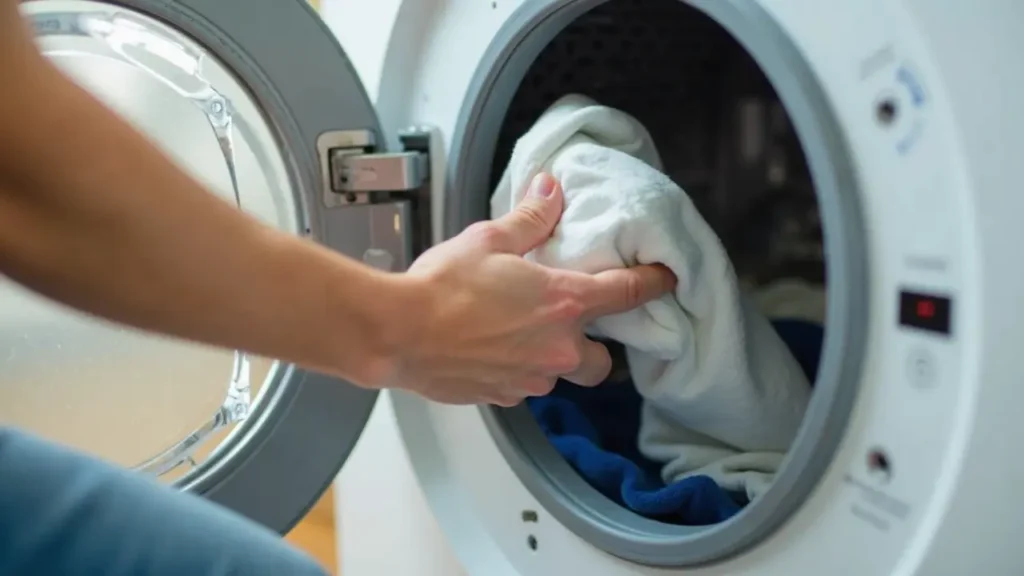 A hand turning a washing machine dial from hot to cold setting