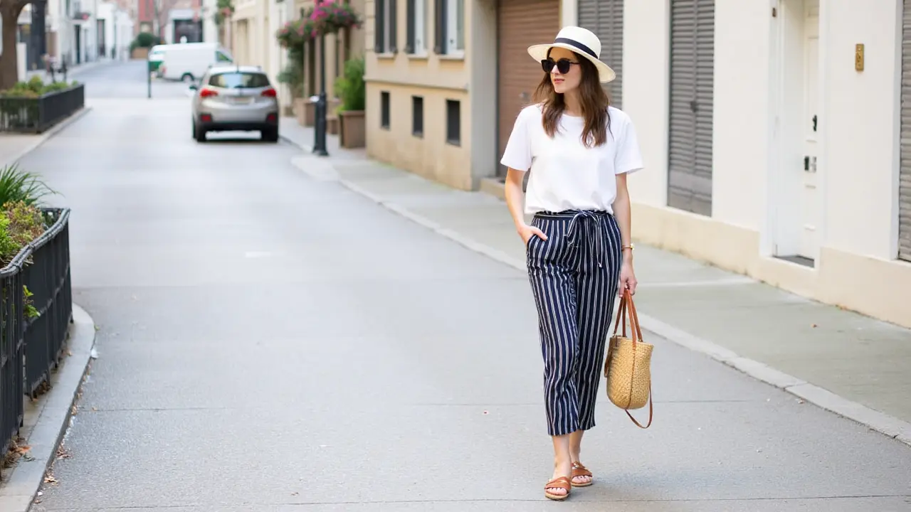 Woman in an oversized white t-shirt half-tucked into navy striped pants, wearing tan espadrilles and holding a straw bag on a cobblestone street.