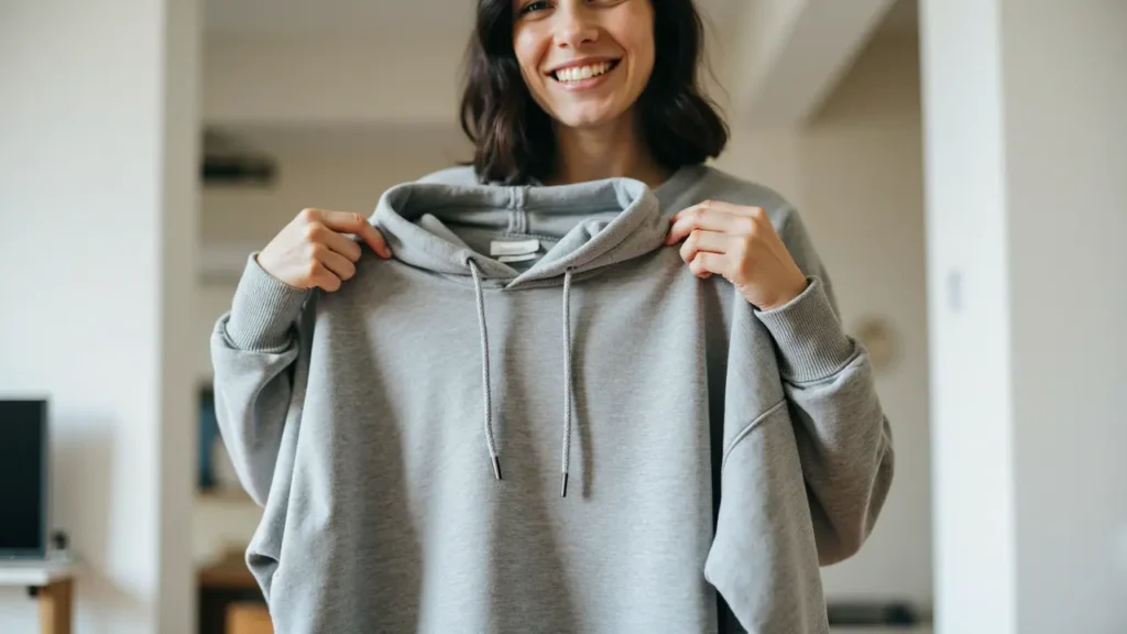 A person holding a soft, well-maintained gray hoodie with a content expression
