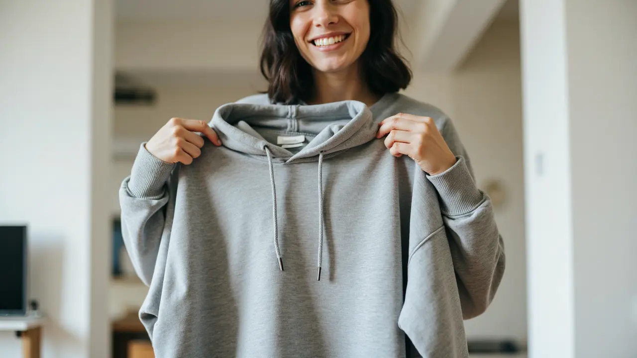 A person holding a soft, well-maintained gray hoodie with a content expression