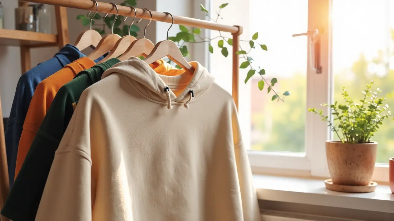 Hoodie laid flat on a drying rack indoors with natural light