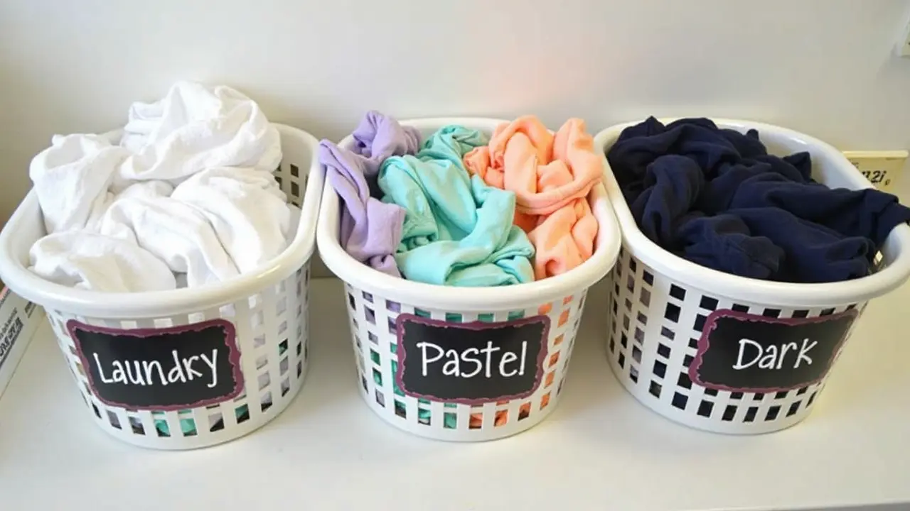 Three laundry baskets labeled 'Whites,' 'Lights,' and 'Darks' filled with folded t-shirts