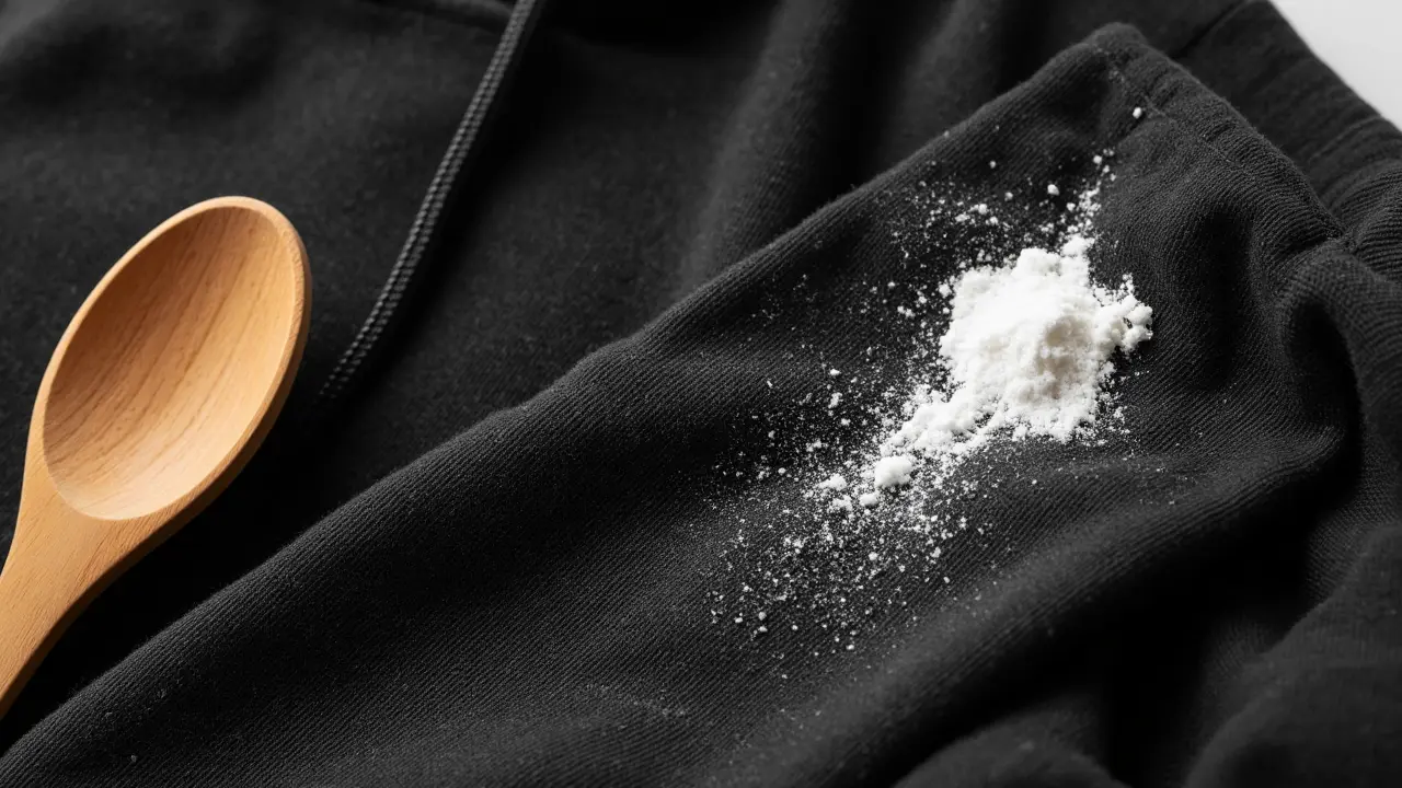 Baking soda sprinkled on a dark hoodie with a spoon nearby