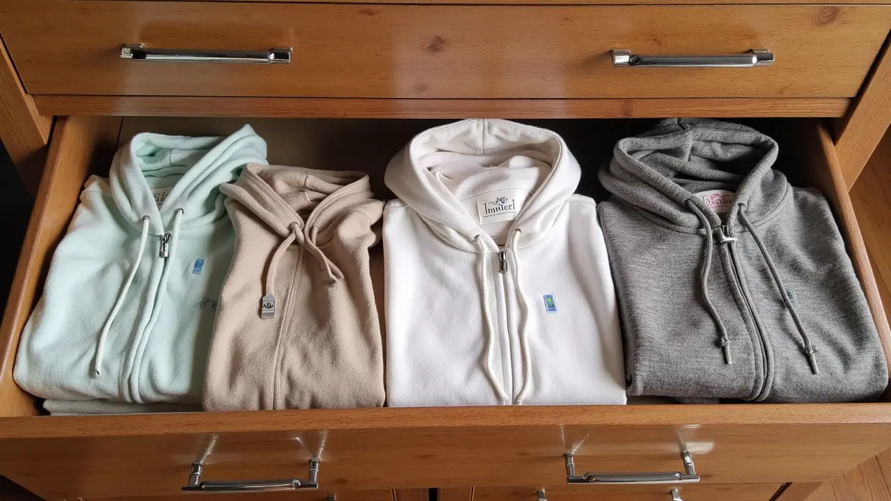 Folded hoodies in a drawer with lavender sachets and cedar blocks among them