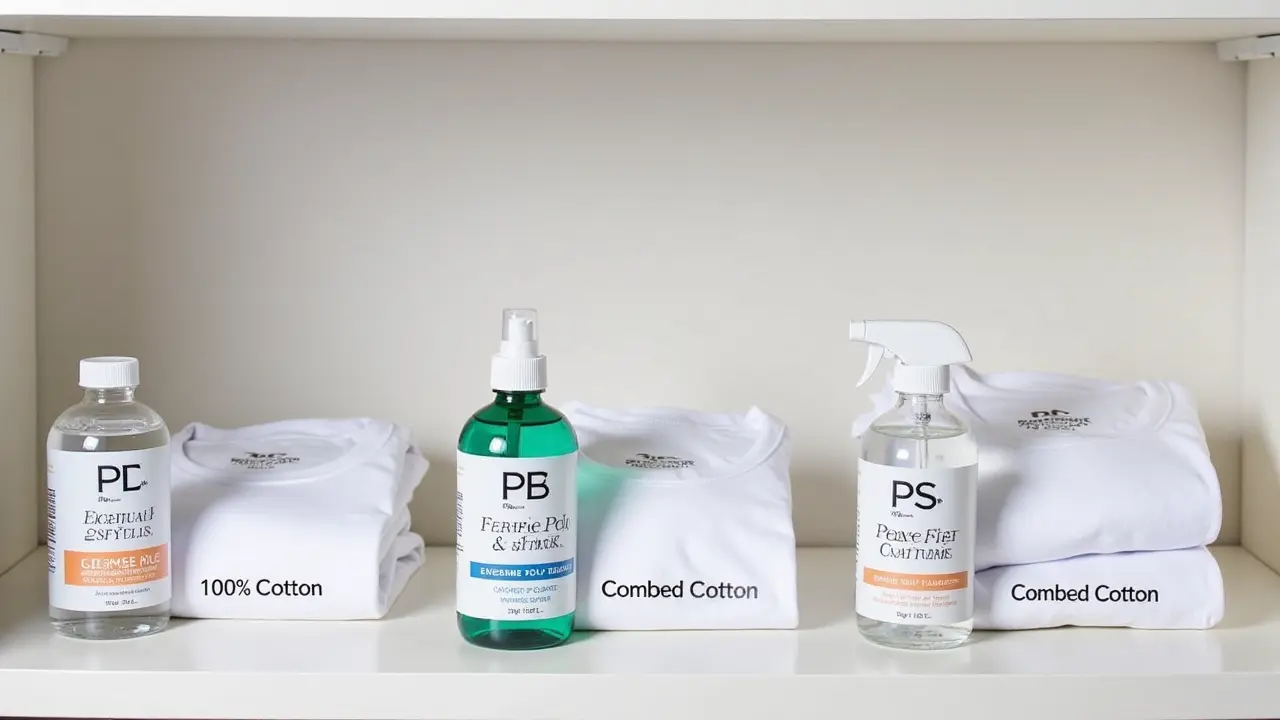 Three t-shirts labeled cotton, blend, and combed cotton with corresponding stain treatment bottles