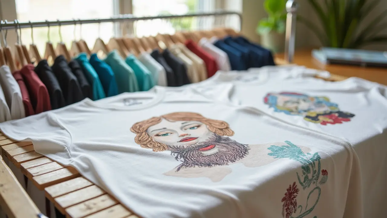 Graphic tees air-drying on a rack indoors, away from direct sun