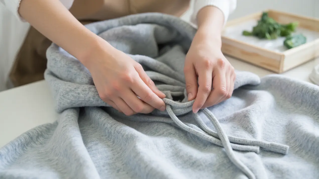 Hands turning a gray hooded sweatshirt inside out before washing