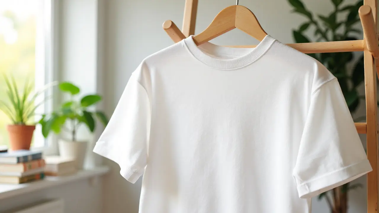 T-shirt laid flat on a drying rack indoors with natural light