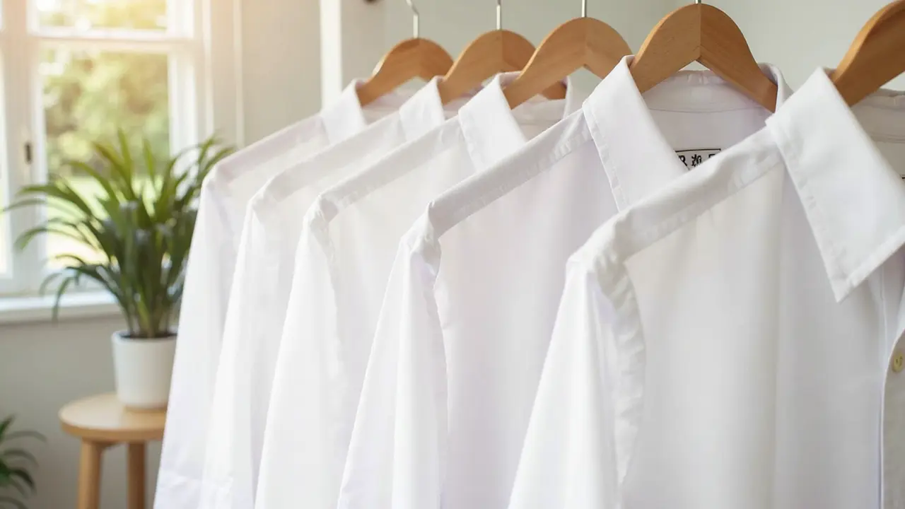 Crisp white long sleeve shirts hanging neatly on wooden hangers to air dry in a bright, airy room