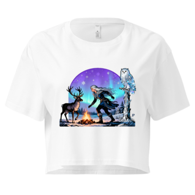 Women's Crop Top with Winter Deer & Owl Aurora Borealis Design