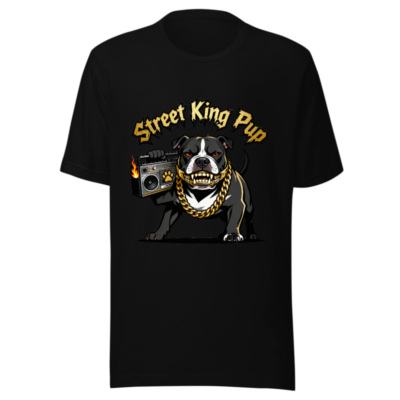 Street King Pup Unisex T-Shirt - Black Graphic Tee with Boombox & Gold Chain Dog Design