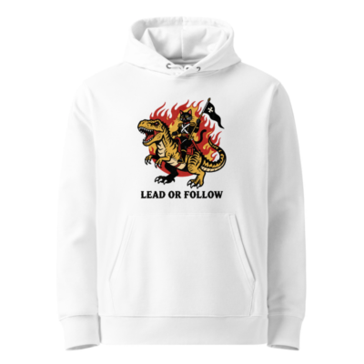 Unisex Eco Hoodie - T-Rex & Cat Warrior, Lead or Follow