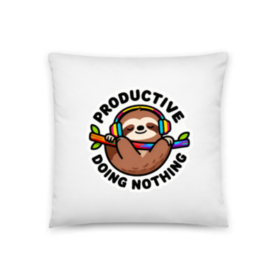 Productivity Sloth Pillow | 18" x 18" Soft Decorative Cushion with Rainbow Headphones & Branch Design