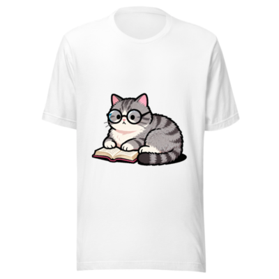 Unisex Staple T-Shirt - Cute Gray Tabby Cat Reading Book with Glasses