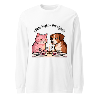 Unisex Long Sleeve Tee: 'Date Night = Pet Fight!' Cat & Dog Couple Design