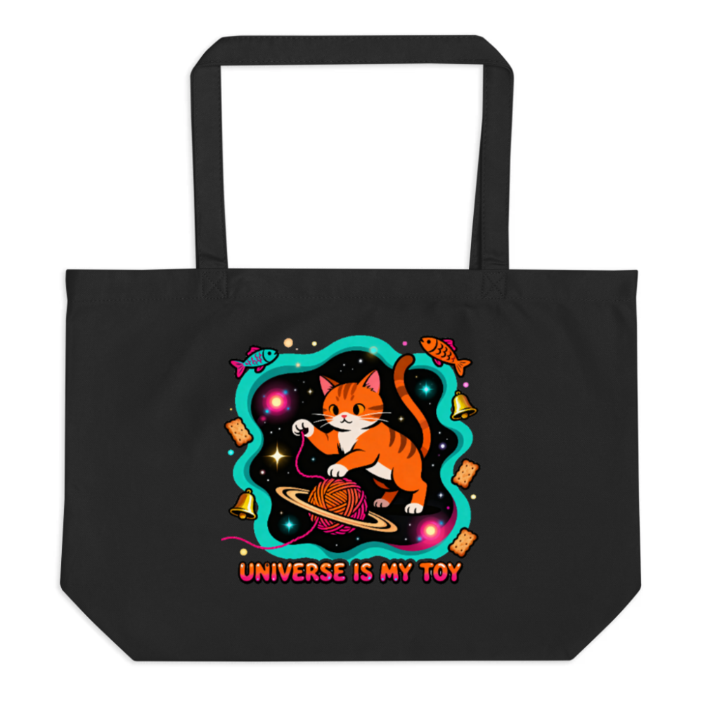 Large Black Organic Tote Bag | Universe Is My Toy Cat Design