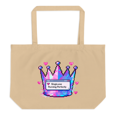 Pixel Crown Tote Bag | Organic Cotton Large Tote with 'Single.exe Running Perfectly' Design