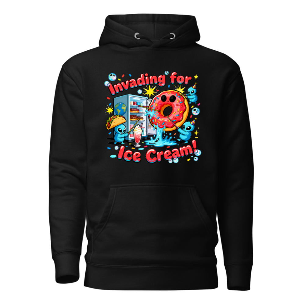 Unisex Premium Pullover Hoodie - Invading for Ice Cream! Donut & Alien Graphic