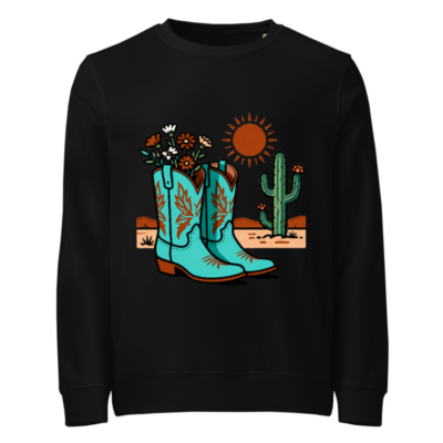 Unisex Organic Cotton Sweatshirt | Turquoise Cowboy Boots & Cactus Desert Design