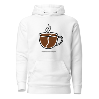 Unisex Premium Pullover Hoodie - Steamy Coffee Cup Design | Breathe. Brew. Repeat.