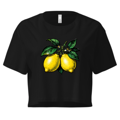 Women's Lemon Crop Top - Yellow Citrus Graphic Tee, Short Sleeve, Black