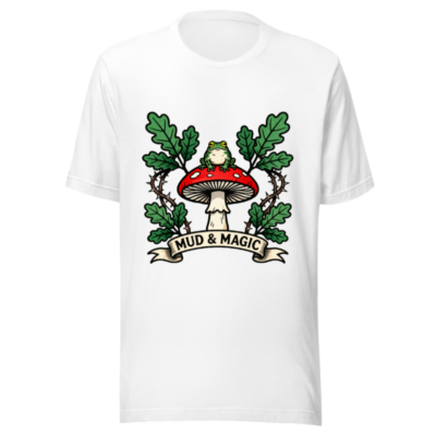 Mud & Magic Unisex T-Shirt | Frog on Red Mushroom, Oak Leaves & Thorn Design