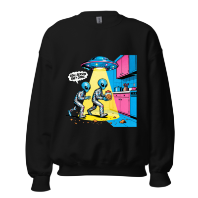Unisex Crew Neck Sweatshirt - Alien Cookie Theft Graphic, Real Reason They Come
