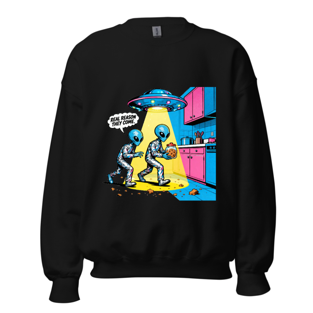 Unisex Crew Neck Sweatshirt - Alien Cookie Theft Graphic, Real Reason They Come