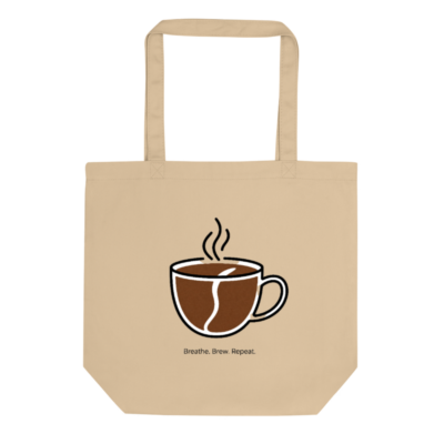 Eco Oyster Tote Bag | Sustainable Cotton Tote with Coffee Cup Design & Breathe. Brew. Repeat. Motto