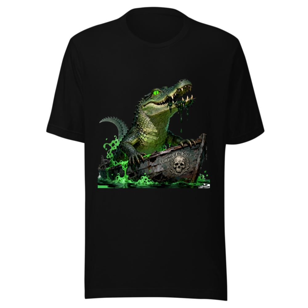 Unisex Staple T-Shirt: Green Crocodile in Pirate Boat - 'Ferryman of the Styx' Graphic