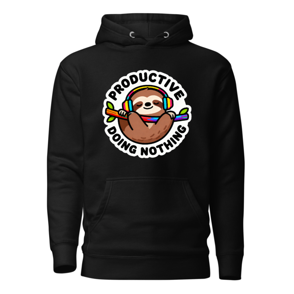 Unisex Premium Pullover Hoodie - Productive Doing Nothing Sloth with Rainbow Headphones